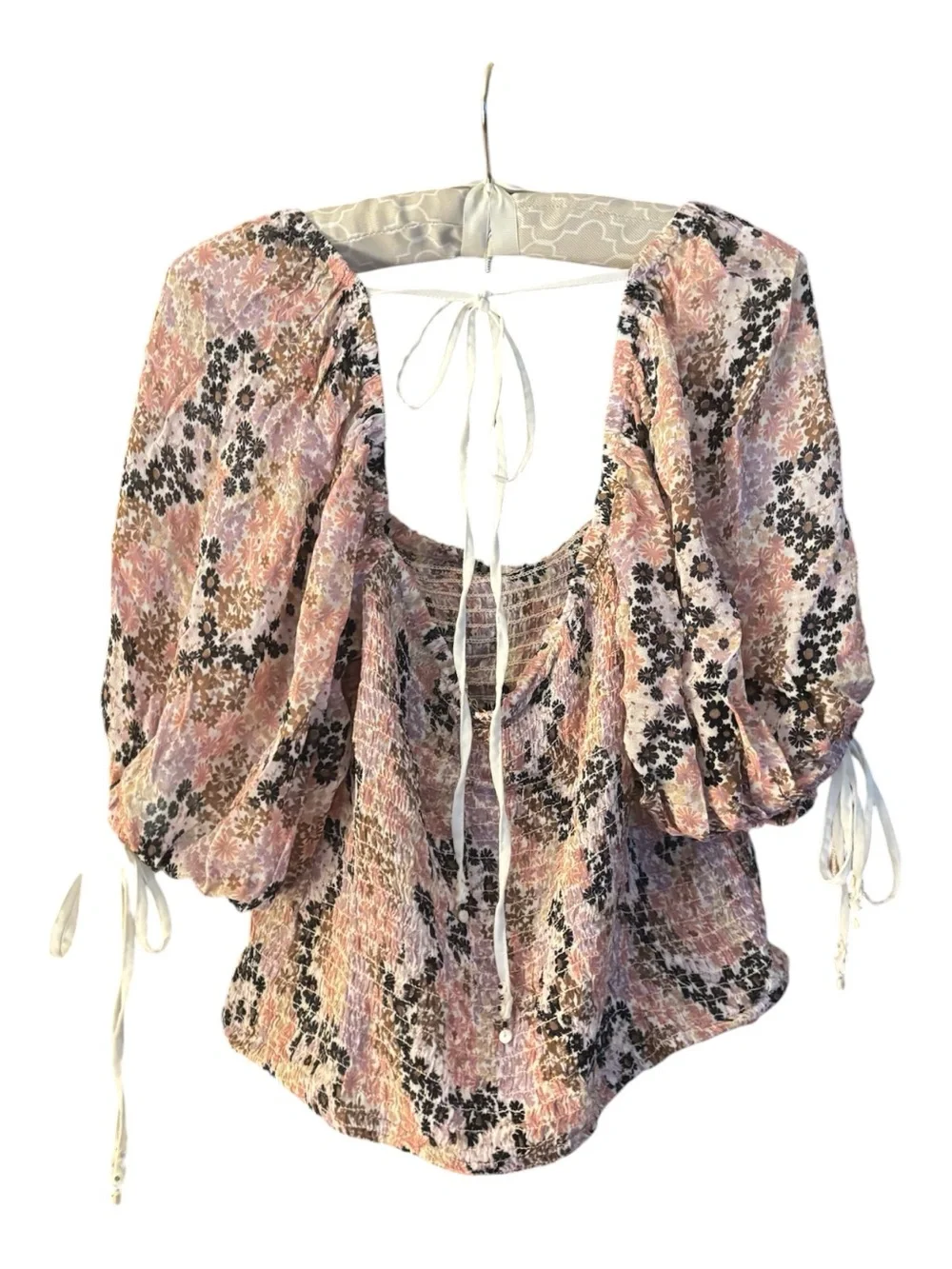Free People Pink Floral Smocked Peasant Blouse Size L NWT